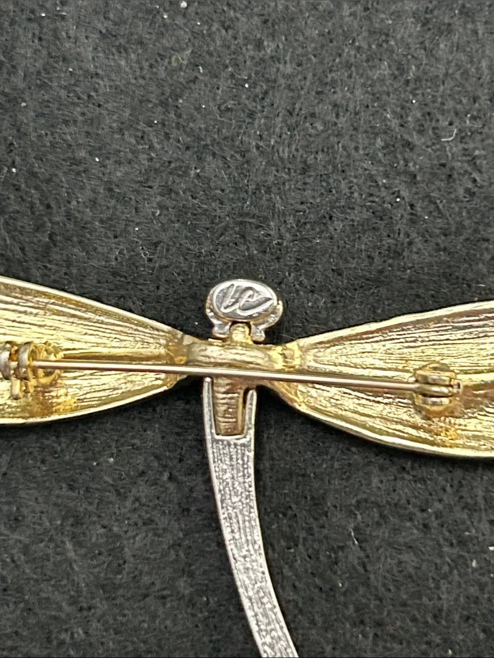 Liz Claiborne Silver and Gold-Tone Dragonfly Brooch with Clear Stone